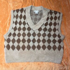brown checkered fuzzy vest